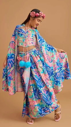 Online Multicolour Printed Lace Work Top With Cape And Dhoti Style Skirt Ethnic Wear | Dhotis & Patialas