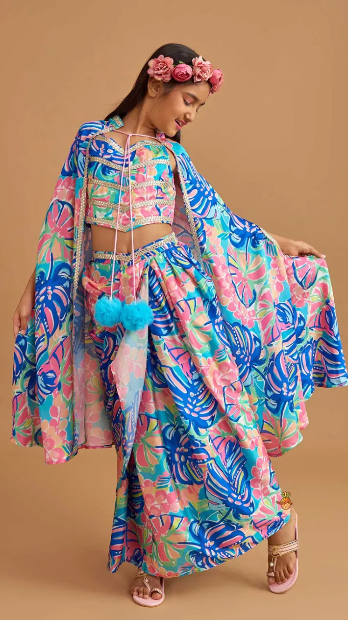 Online Multicolour Printed Lace Work Top With Cape And Dhoti Style Skirt Ethnic Wear | Dhotis & Patialas