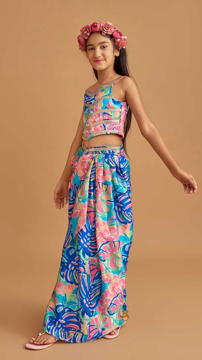 Online Multicolour Printed Lace Work Top With Cape And Dhoti Style Skirt Ethnic Wear | Dhotis & Patialas