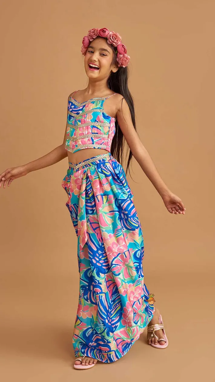 Online Multicolour Printed Lace Work Top With Cape And Dhoti Style Skirt Ethnic Wear | Dhotis & Patialas
