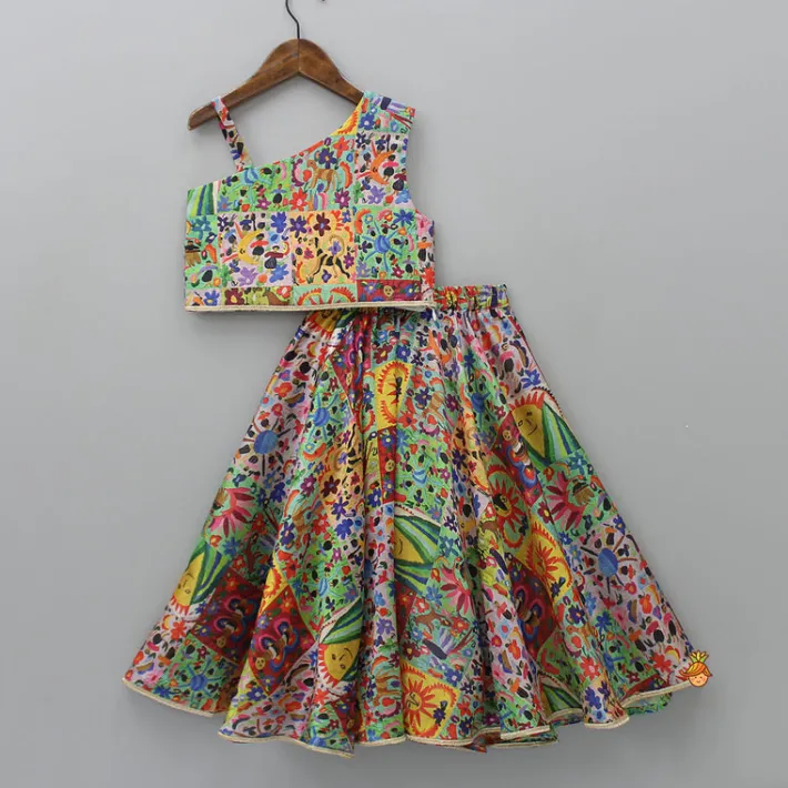 Discount Multicolour Printed One Shoulder Top With Lehenga Ethnic Wear | Lehengas & Ghagras