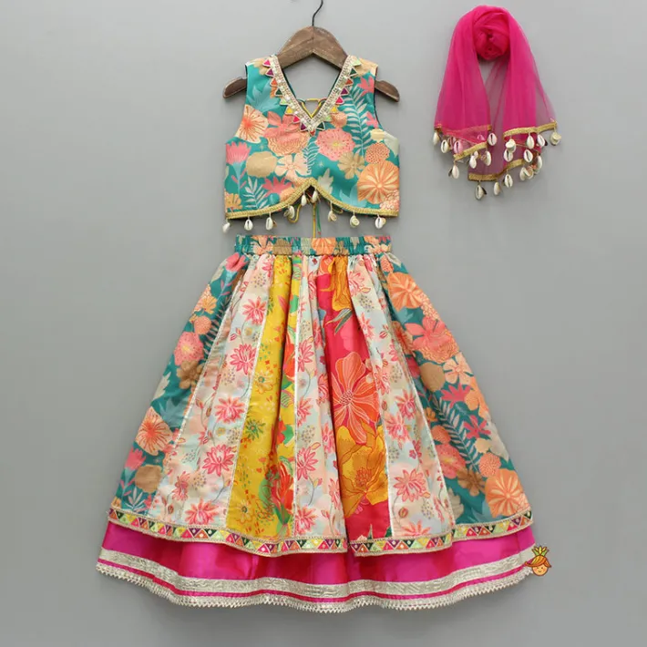 Discount Multicolour Printed Top And Layered Lehenga With Dupatta Ethnic Wear | Lehengas & Ghagras