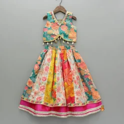 Discount Multicolour Printed Top And Layered Lehenga With Dupatta Ethnic Wear | Lehengas & Ghagras
