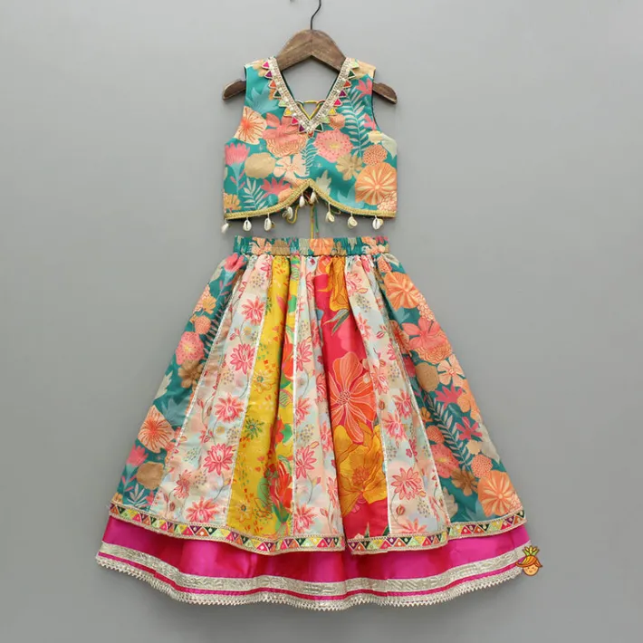 Discount Multicolour Printed Top And Layered Lehenga With Dupatta Ethnic Wear | Lehengas & Ghagras
