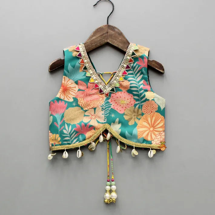 Discount Multicolour Printed Top And Layered Lehenga With Dupatta Ethnic Wear | Lehengas & Ghagras