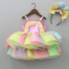 Best Multicolour Shaded Rainbow Theme Ruffled Dress With Hair Band Dresses & Sets | Dresses