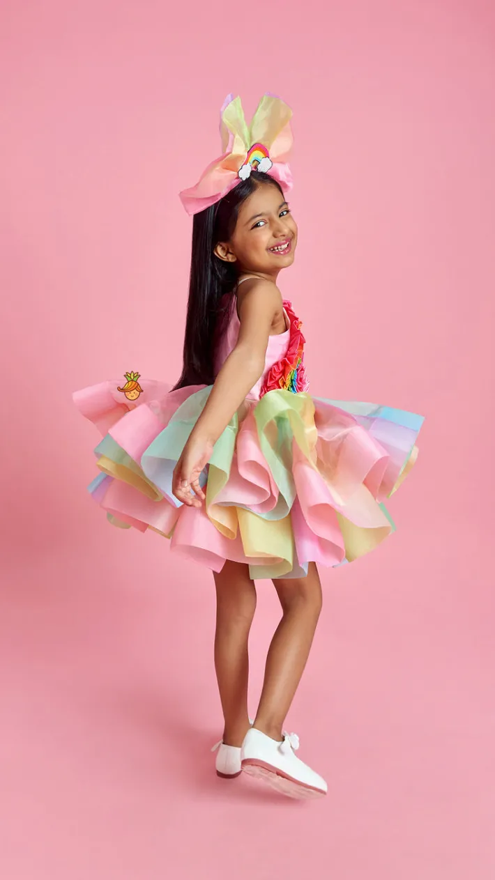 Best Multicolour Shaded Rainbow Theme Ruffled Dress With Hair Band Dresses & Sets | Dresses