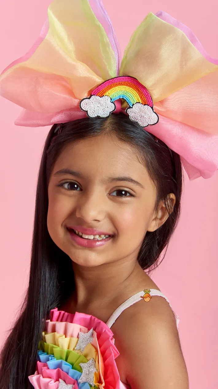 Best Multicolour Shaded Rainbow Theme Ruffled Dress With Hair Band Dresses & Sets | Dresses