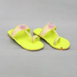 Hot Multicoloured Hand Embroidered Flower Strap Green Kolhapuri Flats Shoes