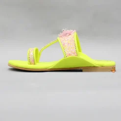 Hot Multicoloured Hand Embroidered Flower Strap Green Kolhapuri Flats Shoes