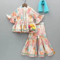 Sale Multicoloured Printed Kurti With Flared Sharara And Dupatta Twinning Sets | Ethnic Wear