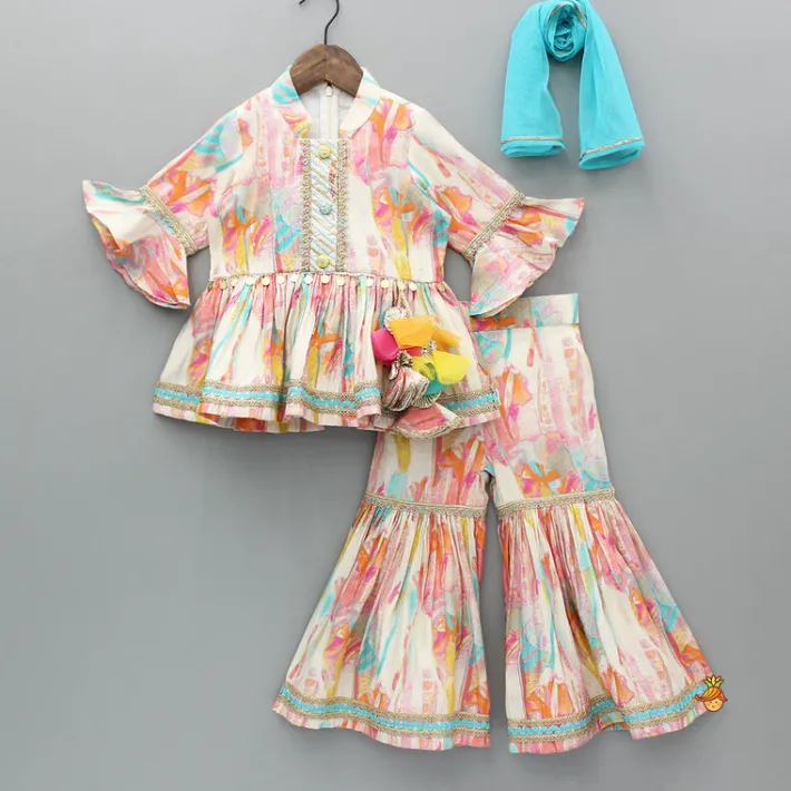Sale Multicoloured Printed Kurti With Flared Sharara And Dupatta Twinning Sets | Ethnic Wear