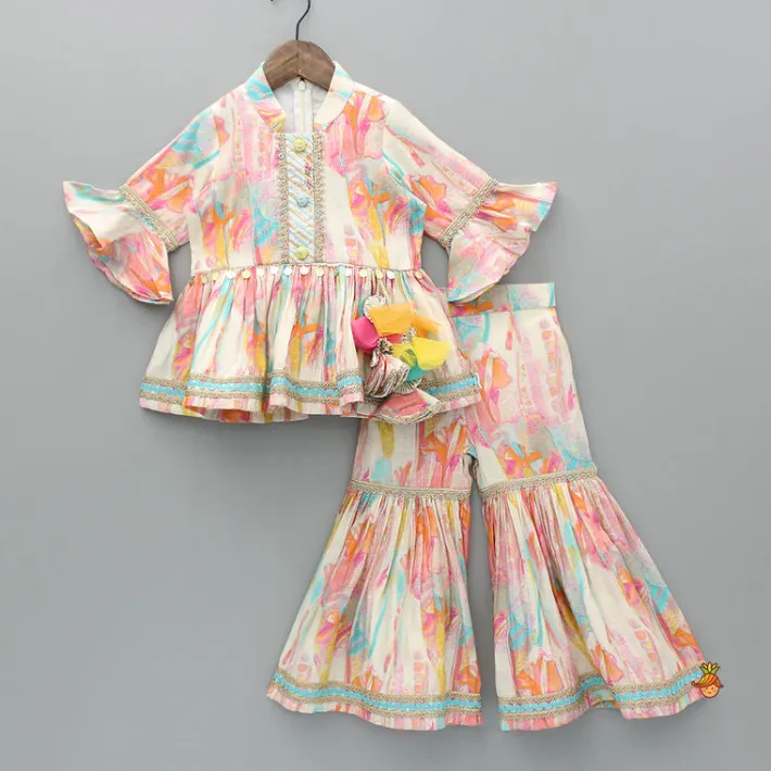 Sale Multicoloured Printed Kurti With Flared Sharara And Dupatta Twinning Sets | Ethnic Wear