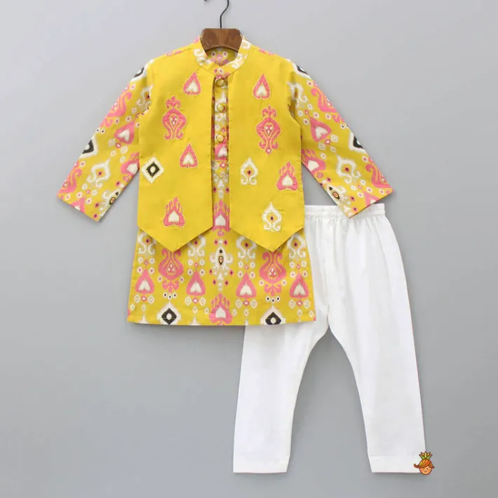 Discount Multicoloured Printed Yellow Kurta With Attached Jacket And Pyjama BOY Indian Ethnic Wear | Ethnic Sets