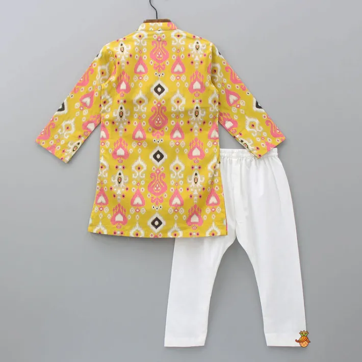 Discount Multicoloured Printed Yellow Kurta With Attached Jacket And Pyjama BOY Indian Ethnic Wear | Ethnic Sets