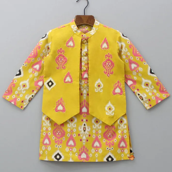 Discount Multicoloured Printed Yellow Kurta With Attached Jacket And Pyjama BOY Indian Ethnic Wear | Ethnic Sets