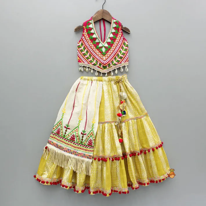 Discount Multicoloured Thread Embroidered Halter Neck Top With Flap Lehenga Ethnic Wear | Lehengas & Ghagras