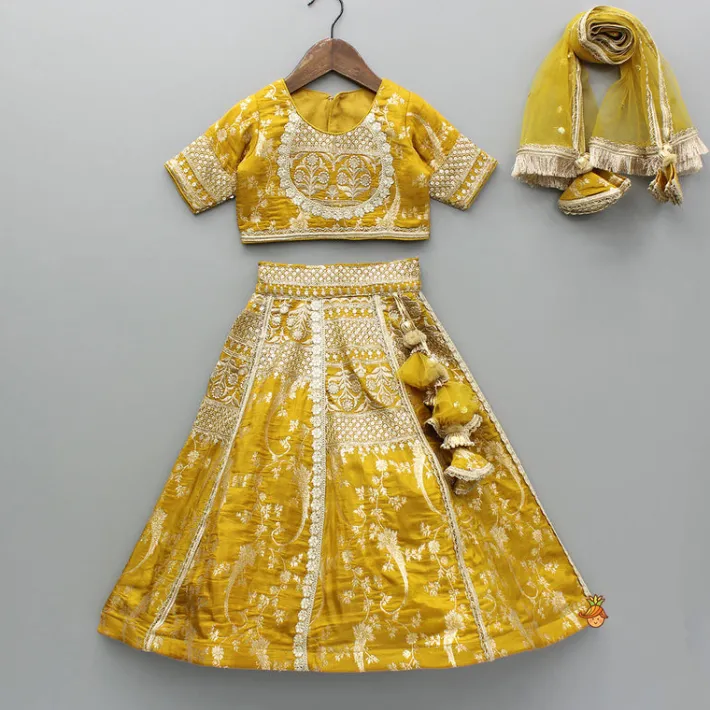 Sale Mustard Chanderi Embroidered Top And Lehenga With Dupatta Ethnic Wear | Lehengas & Ghagras