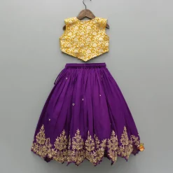 Hot Mustard Embellished Top With Purple Embroidered Lehenga And Dupatta Ethnic Wear | Lehengas & Ghagras