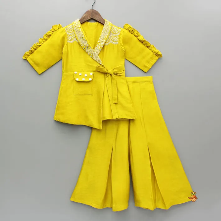 Hot Mustard Embroidered Jacket Style Top And Pleated Palazzo Ethnic Wear | Palazzos & Shararas