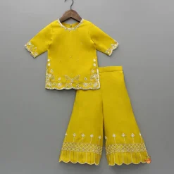 Hot Mustard Embroidered Kurti And Palazzo With Dupatta Ethnic Wear | Palazzos & Shararas