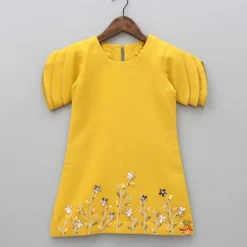 Online Mustard Floral Embroidered Stylish Layered Sleeves Dress With Sling Bag Dresses & Sets | Dresses