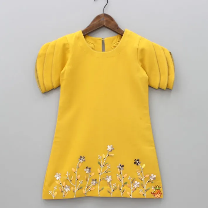 Online Mustard Floral Embroidered Stylish Layered Sleeves Dress With Sling Bag Dresses & Sets | Dresses