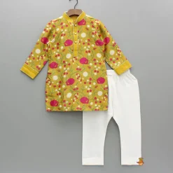 Online Mustard Floral Printed Kurta With Pyjama BOY Indian Ethnic Wear | Ethnic Sets