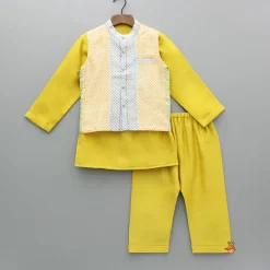 Fashion Mustard Kurta And Multicolour Printed Jacket With Pyjama BOY Twinning Sets | Indian Ethnic Wear