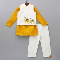 Discount Mustard Kurta With Camel Embroidered Jacket And Pyjama BOY Indian Ethnic Wear | Ethnic Sets