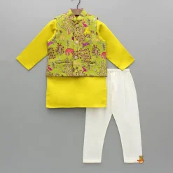 Discount Mustard Kurta With Embroidered Printed Jacket And Pyjama BOY Indian Ethnic Wear | Ethnic Sets