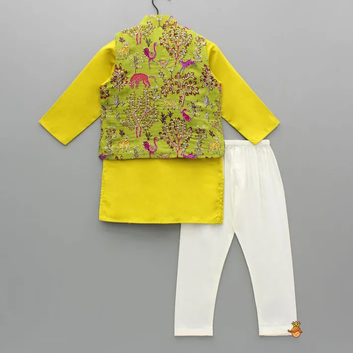 Discount Mustard Kurta With Embroidered Printed Jacket And Pyjama BOY Indian Ethnic Wear | Ethnic Sets