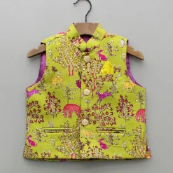 Discount Mustard Kurta With Embroidered Printed Jacket And Pyjama BOY Indian Ethnic Wear | Ethnic Sets