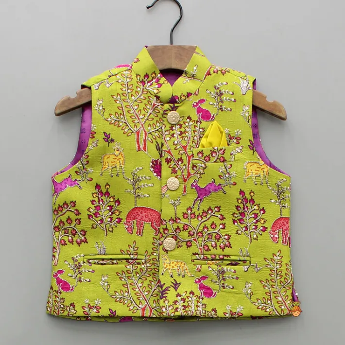 Discount Mustard Kurta With Embroidered Printed Jacket And Pyjama BOY Indian Ethnic Wear | Ethnic Sets