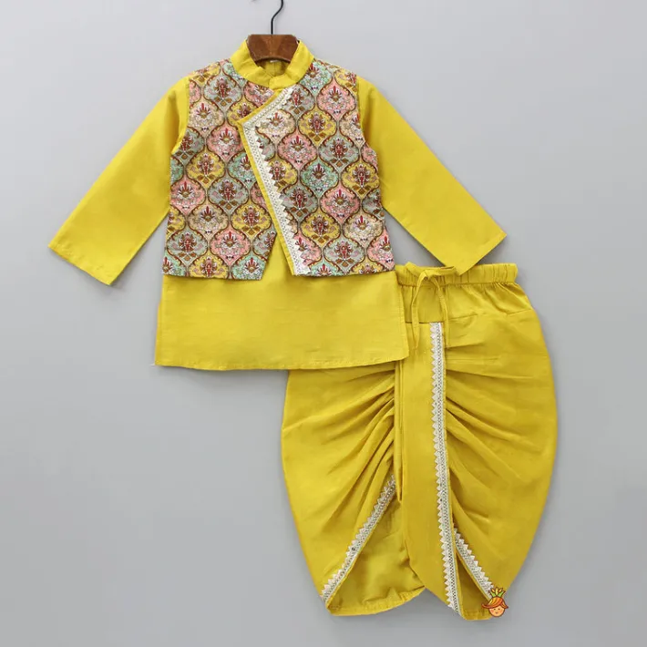 New Mustard Kurta With Printed Flap Attached And Dhoti BOY Indian Ethnic Wear | Ethnic Sets
