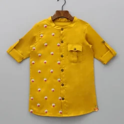 Online Mustard One Side Embroidered Kurta With Pyjama BOY Indian Ethnic Wear | Ethnic Sets