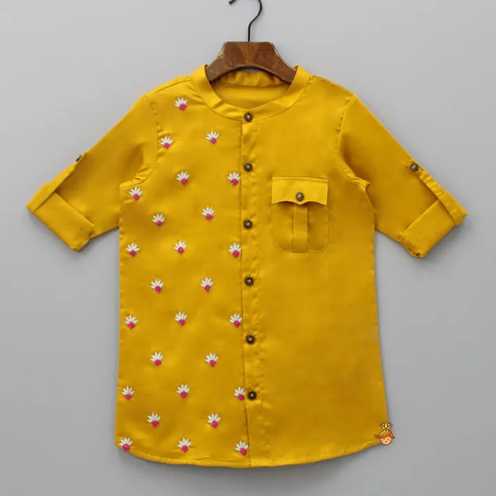 Online Mustard One Side Embroidered Kurta With Pyjama BOY Indian Ethnic Wear | Ethnic Sets
