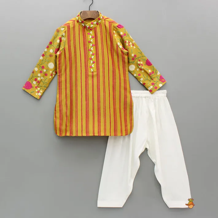 Sale Mustard Striped Floral Chanderi Kurta And Off White Salwar BOY Indian Ethnic Wear | Ethnic Sets