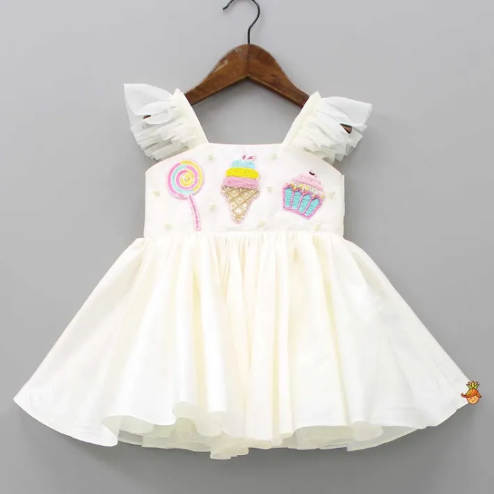 Fashion Off White Candies Embroidered Dress With Contrasting Pink Head Band Dresses & Sets | Dresses