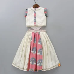 New Off White Cow Printed Top And Lehenga With Net Dupatta And Mukut Ethnic Wear | Lehengas & Ghagras
