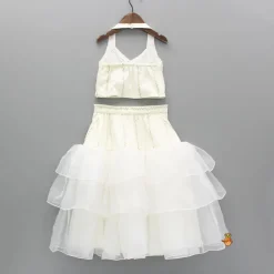 Online Off White Embellished Halter Neck Top With Layered Lehenga And Dupatta Ethnic Wear | Lehengas & Ghagras