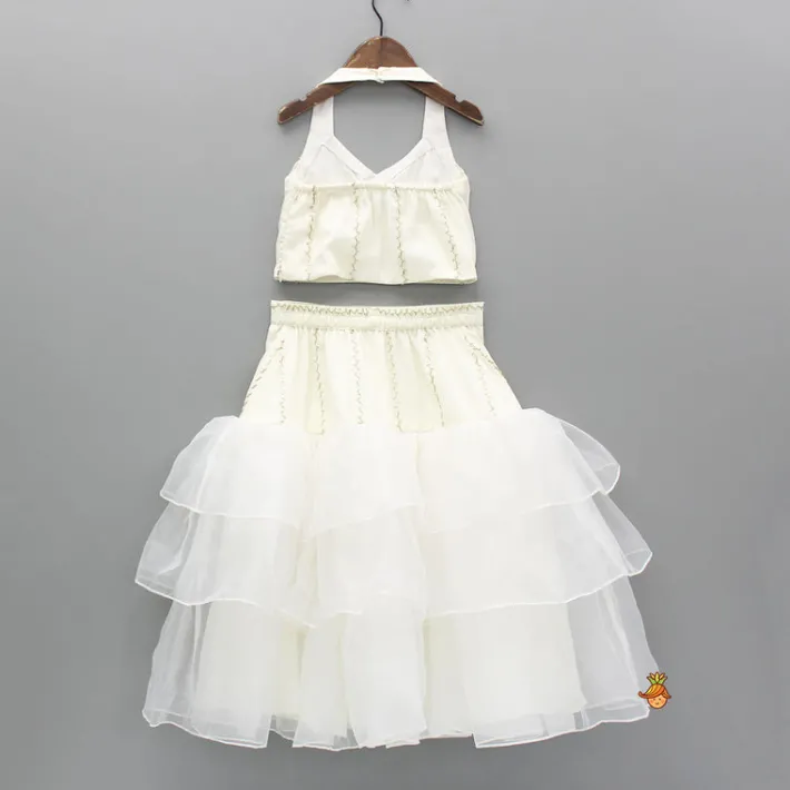 Online Off White Embellished Halter Neck Top With Layered Lehenga And Dupatta Ethnic Wear | Lehengas & Ghagras