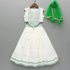 Discount Off White Embroidered And Embellished Top With Lehenga And Dupatta Twinning Sets | Ethnic Wear