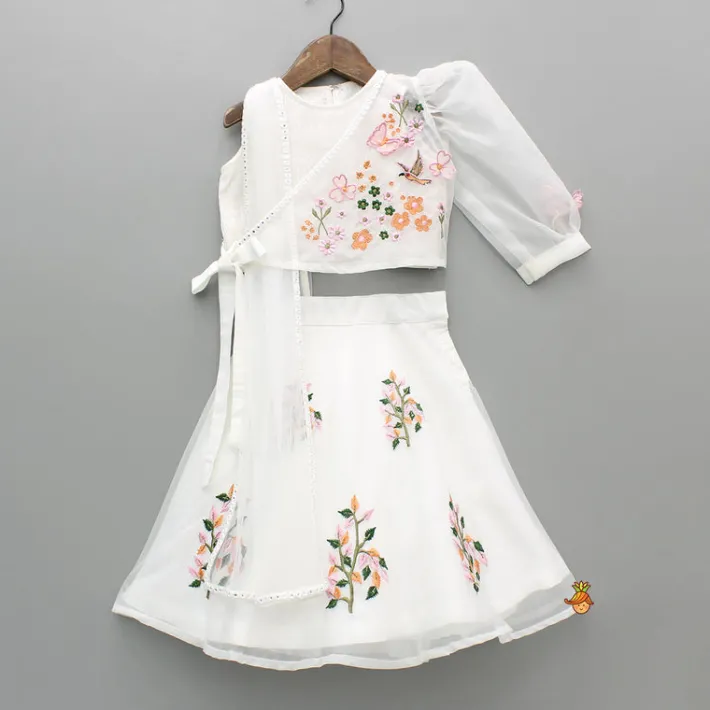 Outlet Off White Embroidered Top With Attached Dupatta And Half Jacket With Lehenga Ethnic Wear | Lehengas & Ghagras