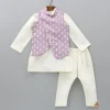 New Off White Ethnic Kurta With Lilac Floral Embroidered Asymmetric Jacket And Pyjama BOY Indian Ethnic Wear | Ethnic Sets