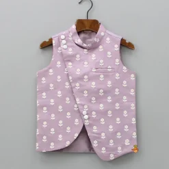 New Off White Ethnic Kurta With Lilac Floral Embroidered Asymmetric Jacket And Pyjama BOY Indian Ethnic Wear | Ethnic Sets
