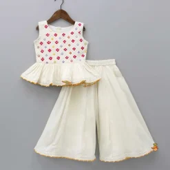 Fashion Off White Faux Mirror Work Top And Flared Palazzo Twinning Sets | Ethnic Wear