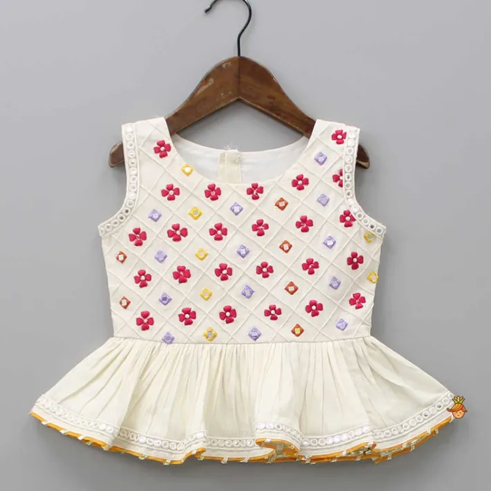 Fashion Off White Faux Mirror Work Top And Flared Palazzo Twinning Sets | Ethnic Wear