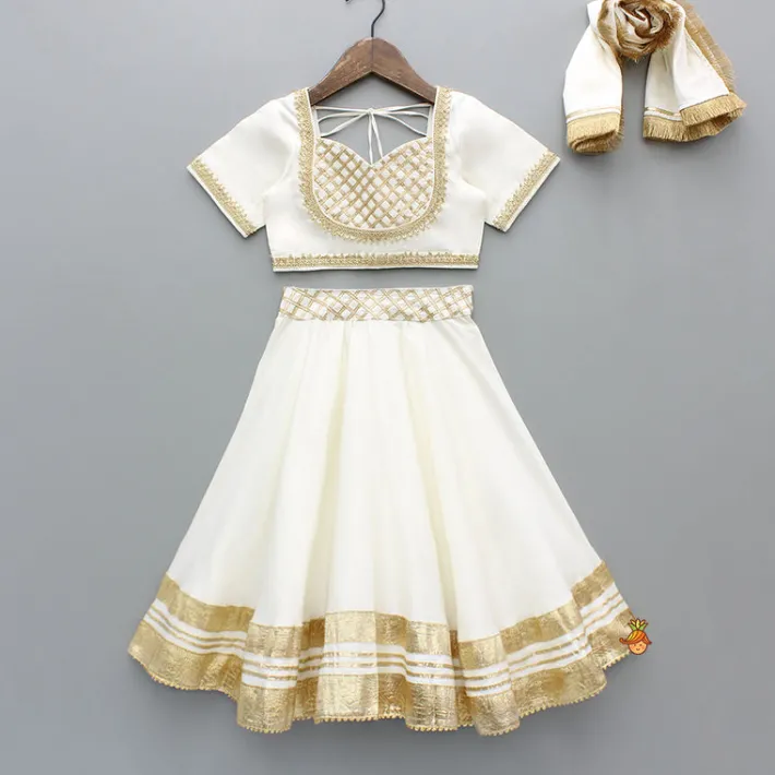 Online Off White Gota Lace Detailed Top And Lehenga With Dupatta Ethnic Wear | Lehengas & Ghagras