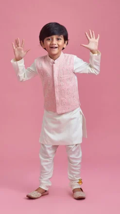 Hot Off White Kurta And Churidar With Pink Chikankari Embroidered Jacket BOY Indian Ethnic Wear | Ethnic Sets